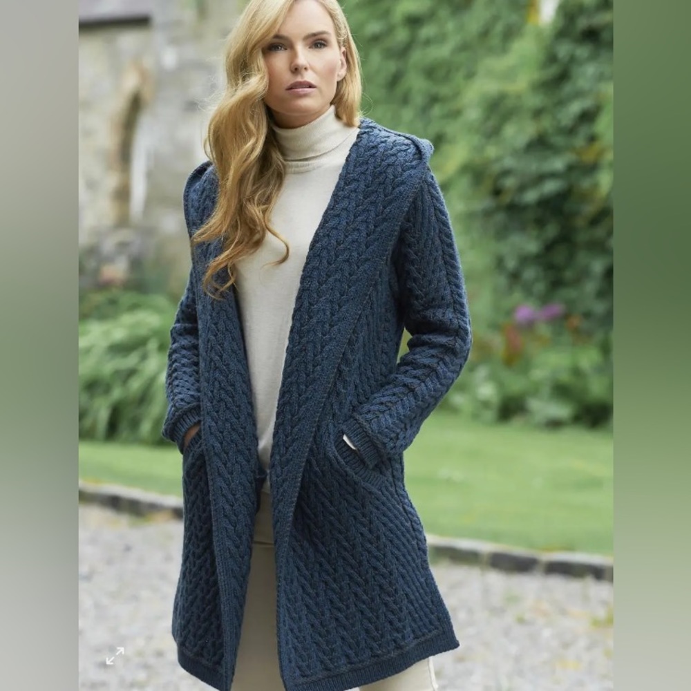 Blue Eimear Aran Cable Knit Hooded Cardigan